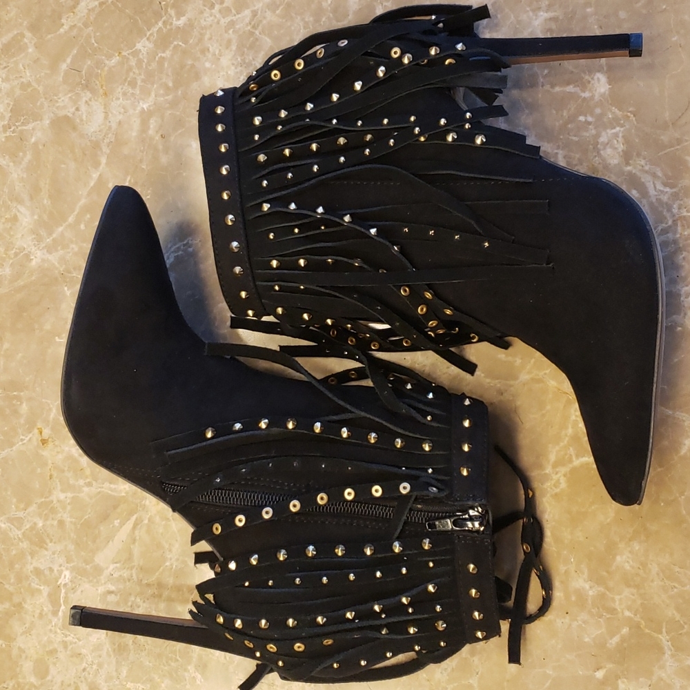 Express black micro suede cowhide fringed w gold-embellished ankle booti… - Picture 2 of 16